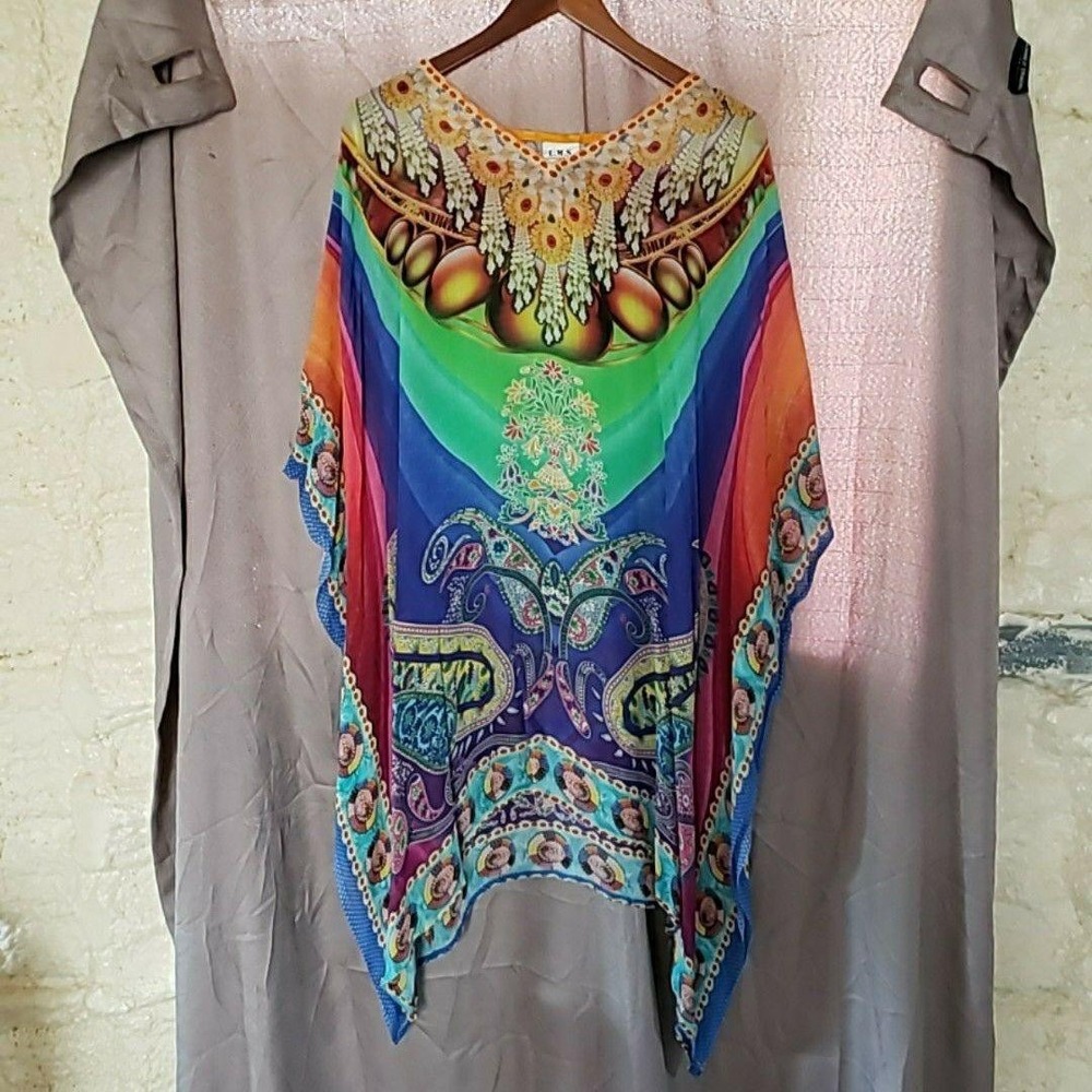 L.M.S. Blouse Womens One Size Multicolor V Neck Short Kimono Sleeve Tunic Top